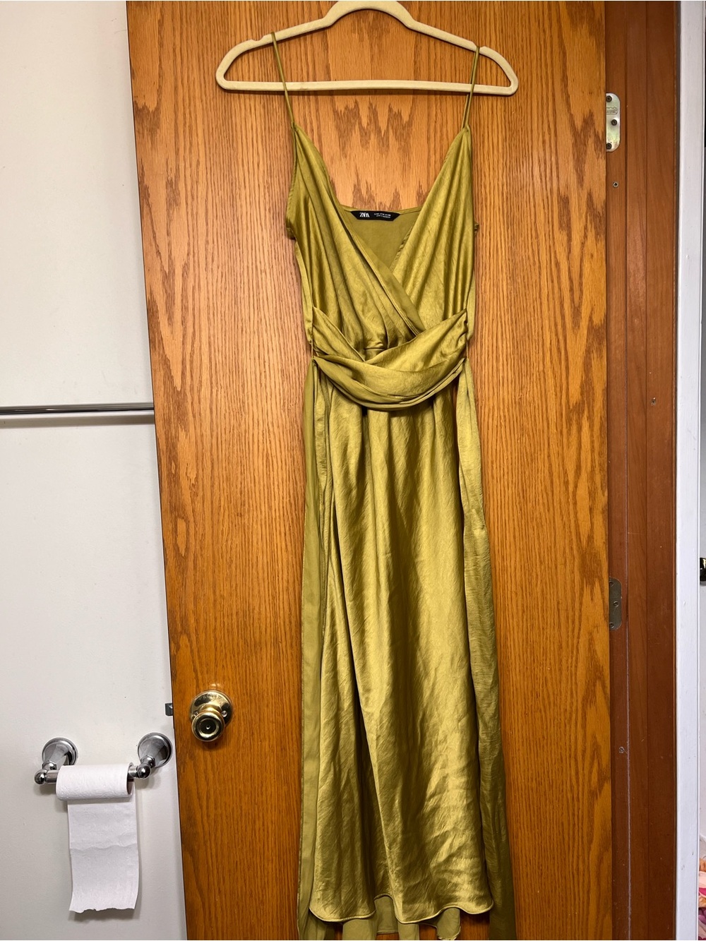 Zara Olive Green Satin Midi Slip Dress with Draped Waist